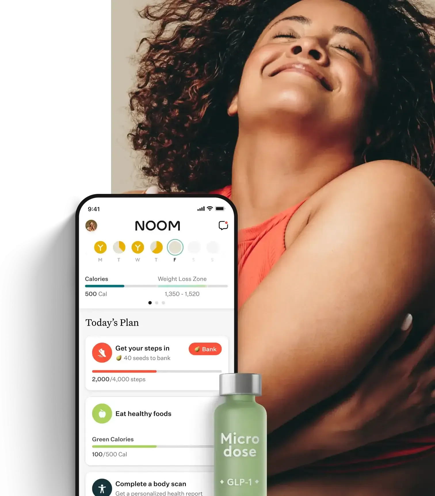 S02_Hero image_Mobile_Tablet woman smiling with a noom vial, orange pill, and the noom app </p>
<p>