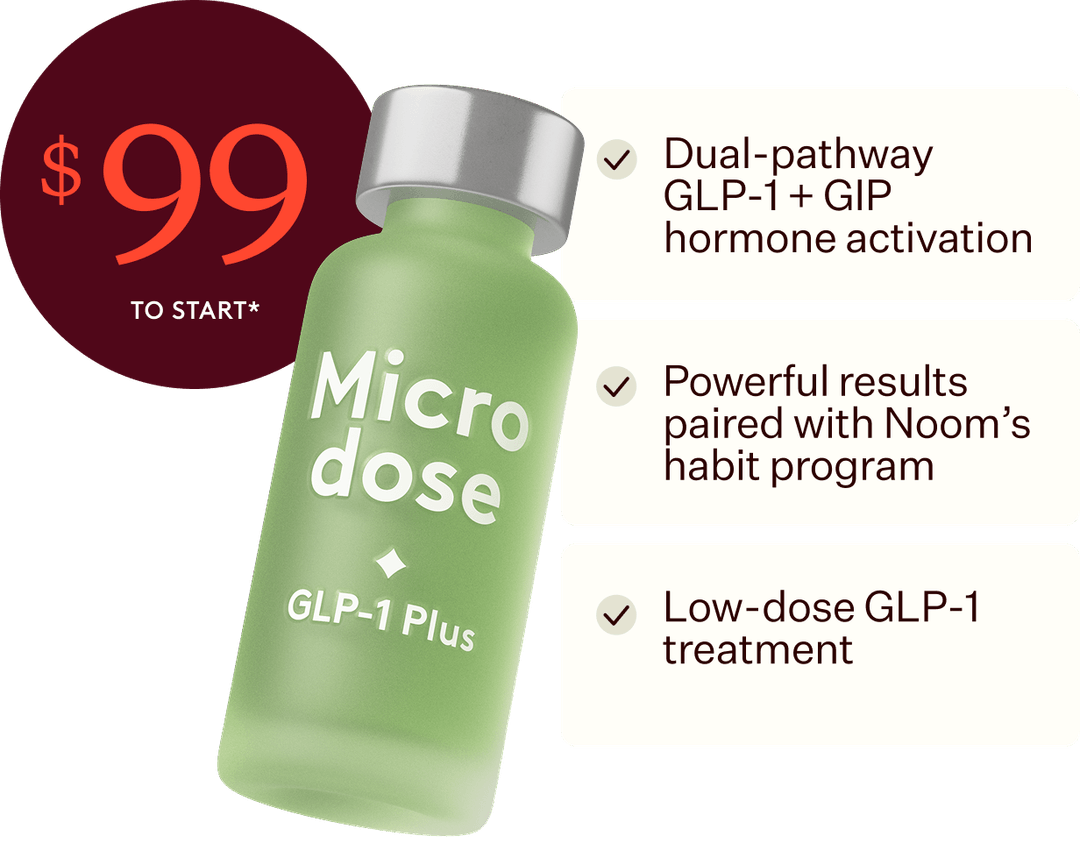 Microdose GLP-1 Plus vial — $79 intro price to start. Dual-pathway GLP-1 + GIP hormone activation, powerful results paired with Noom's habit program, low-dose GLP-1 treatment.