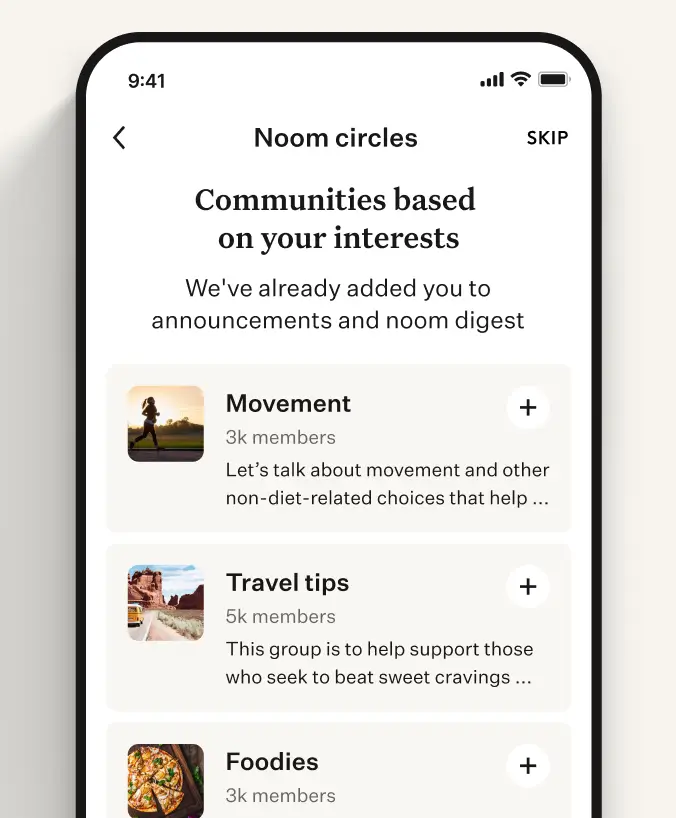 Find support in community Noom app showing community tabs