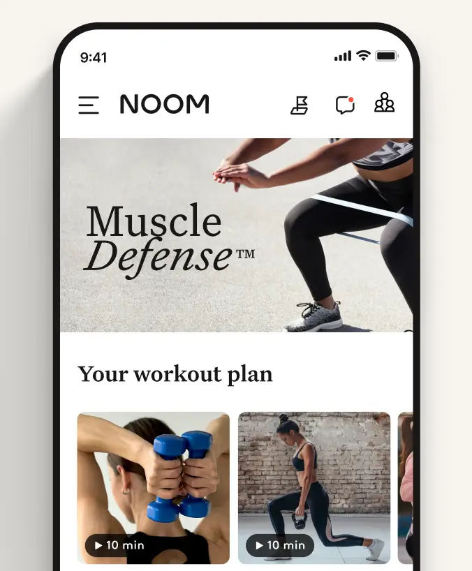 Keep the muscle, lose the fat Noom app showing Muscle Defense and workout plan videos