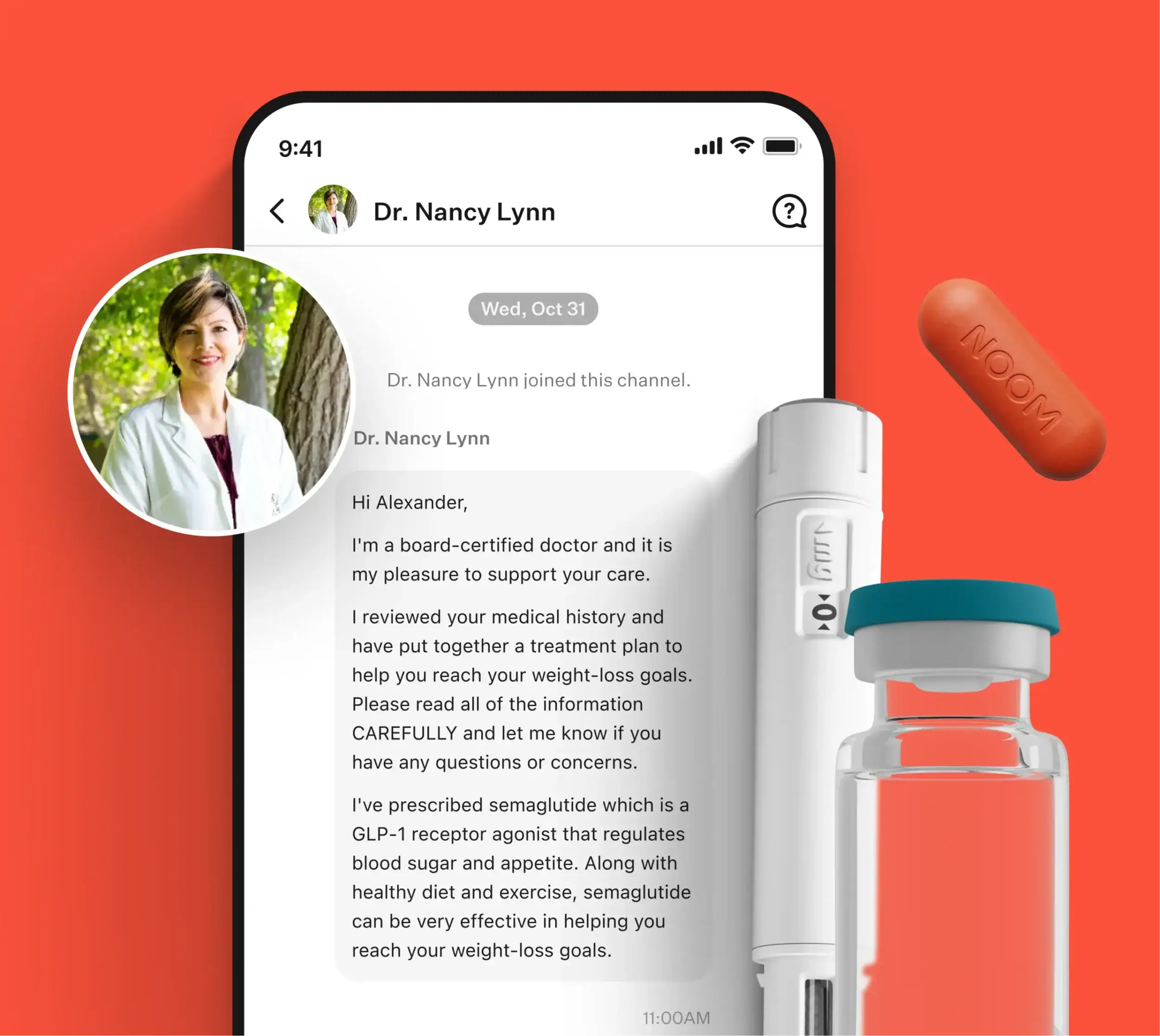 Illustration of a Noom weight-loss care experience featuring a message from Dr. Nancy Lynn on a smartphone screen, with images of a semaglutide injector pen, a vial, and a Noom-branded pill.