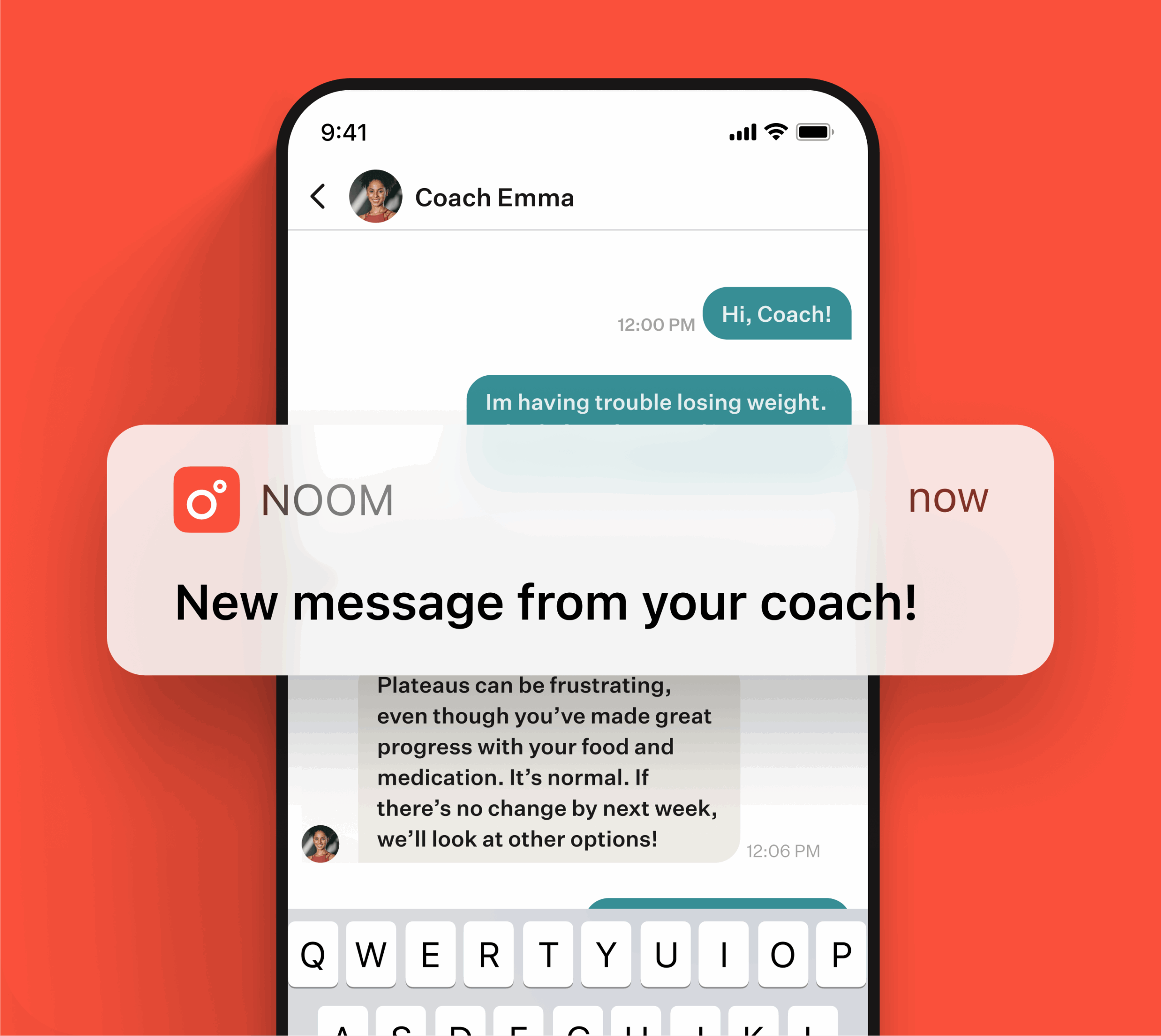 Noom app image featuring a supportive coach message helping a user navigate a weight-loss plateau. Demonstrates Noom’s psychology-based approach with personalized coaching to drive sustainable behavior change.